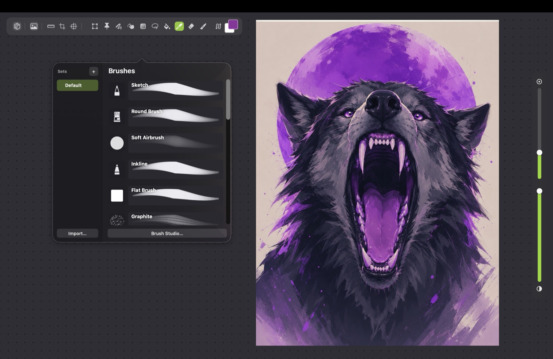 The Paintform brush library beside a wolf illustration